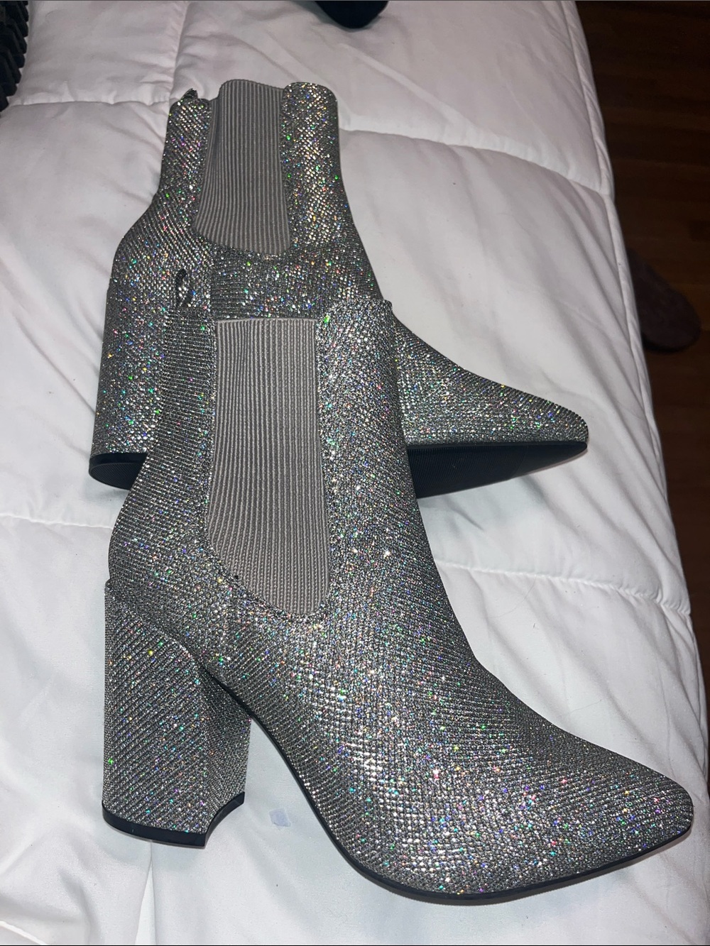 New without tags Sugar Silver Glitter Block Heel Chelsea Boots